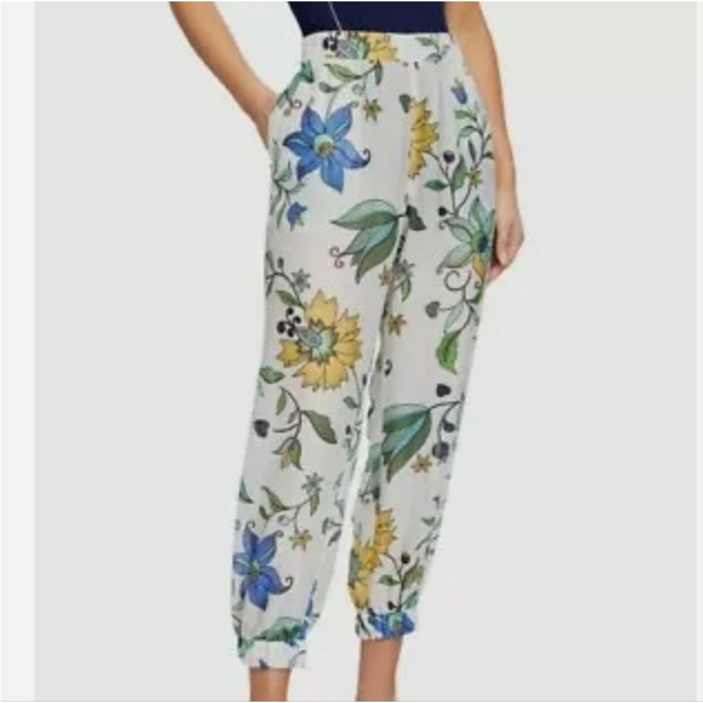 Tory Burch Printed Beach Pants in Ivory love floral Cotton Silk Size Medium NWT